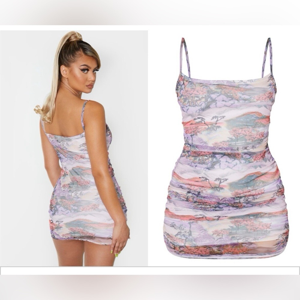 PrettyLittleThing Lilac Cherry Blossom Asian Mesh Ruched Bodycon Dress